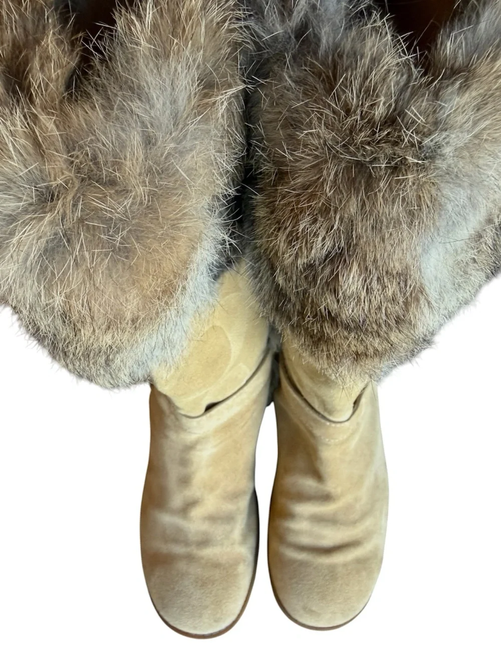 COACH Deeann Signature Embossed Beige Suede Rabbit Fur Trim Women’s Boots 7-1/2